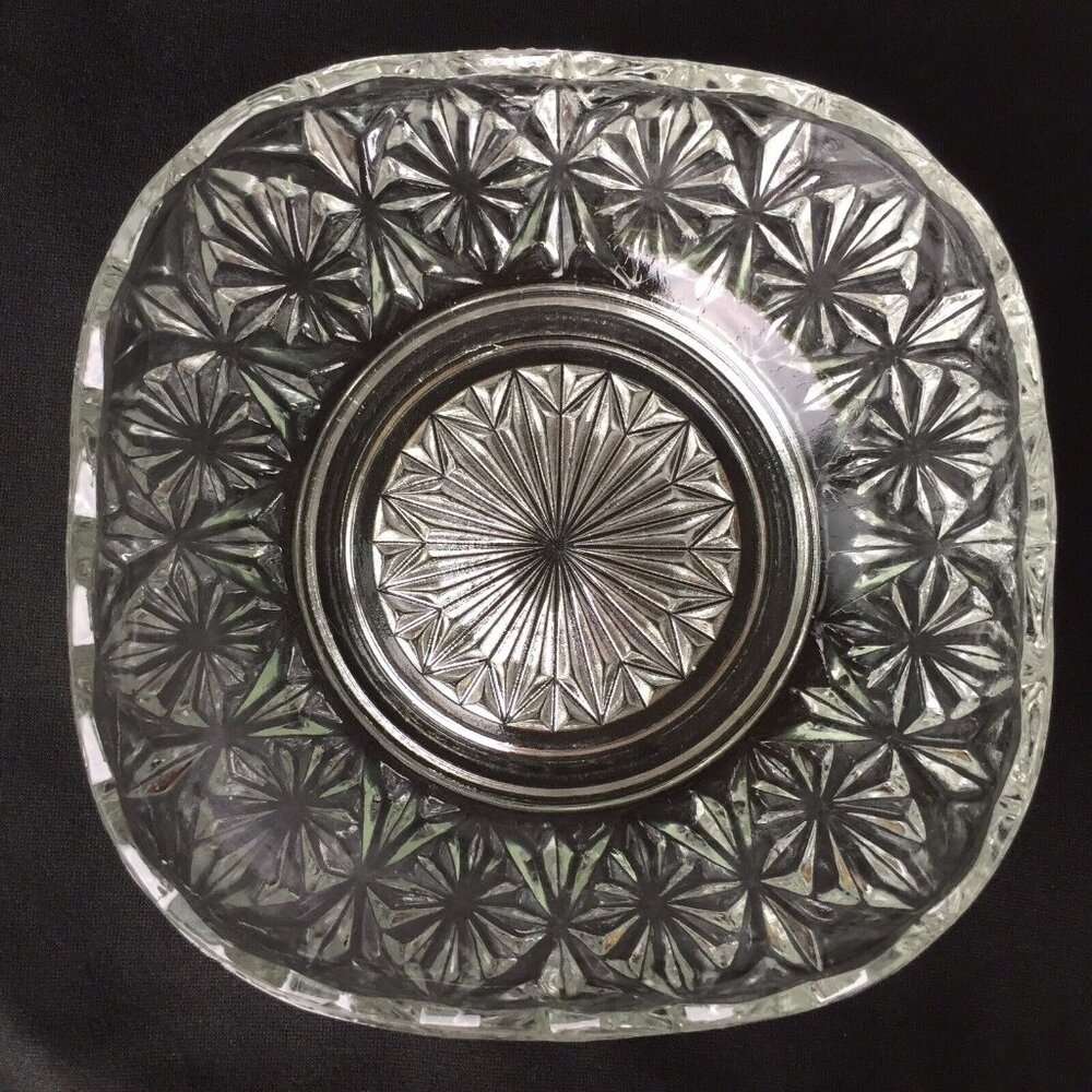 Vintage Cut Glass Serving Bowl Starburst Etch Clear Rounded Dish Textured Retro